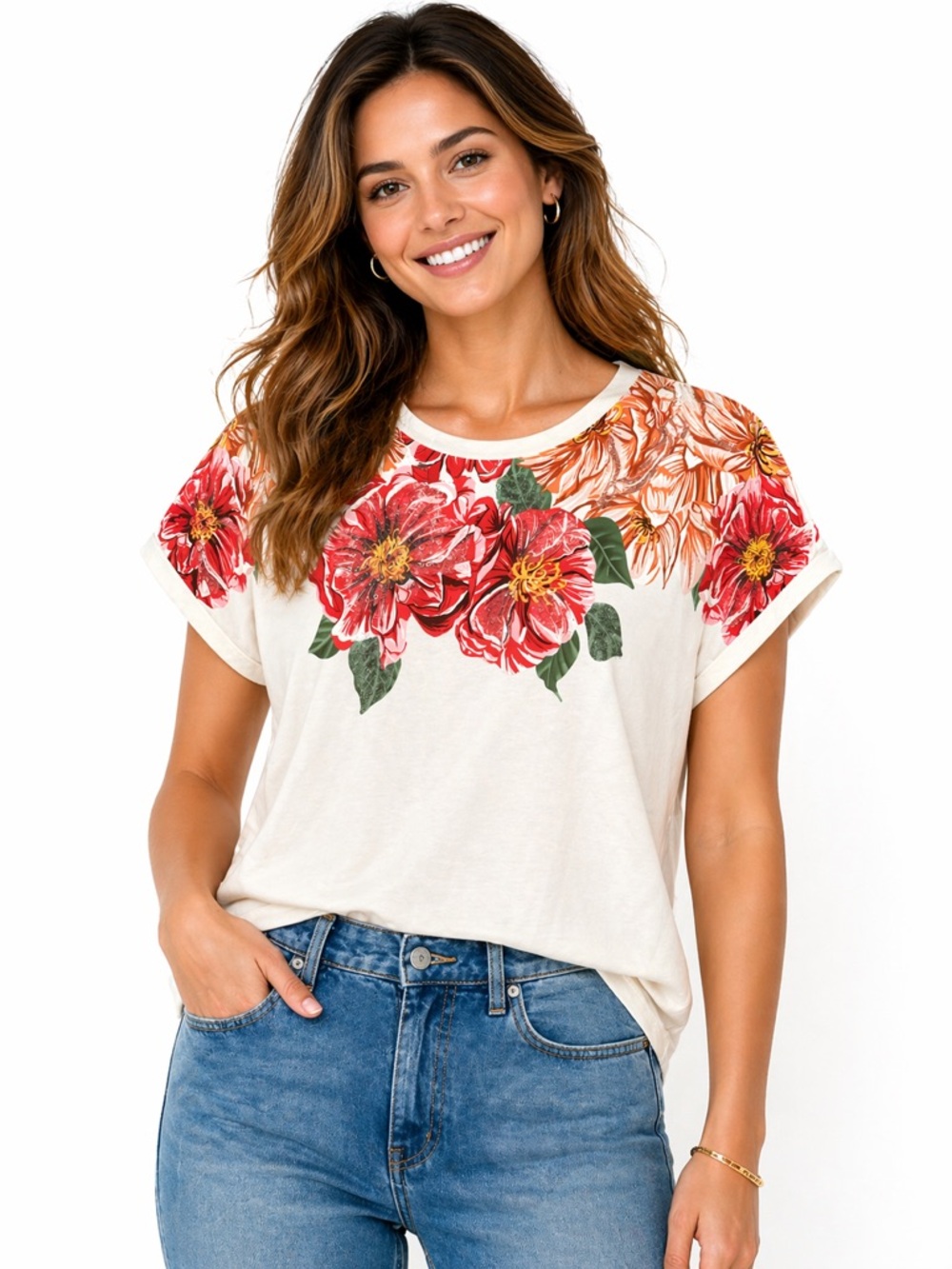 Floral Crewneck Tee by  — Red Floral on Cream